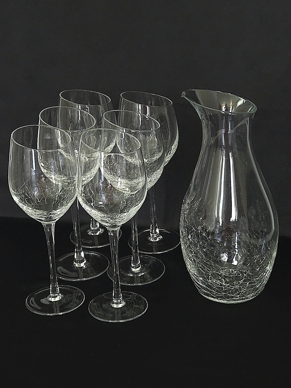 Pier 1 Angled Crackle Glass Rare 7pc Hostess Set, Carafe & 6 Hand-Blown Goblets